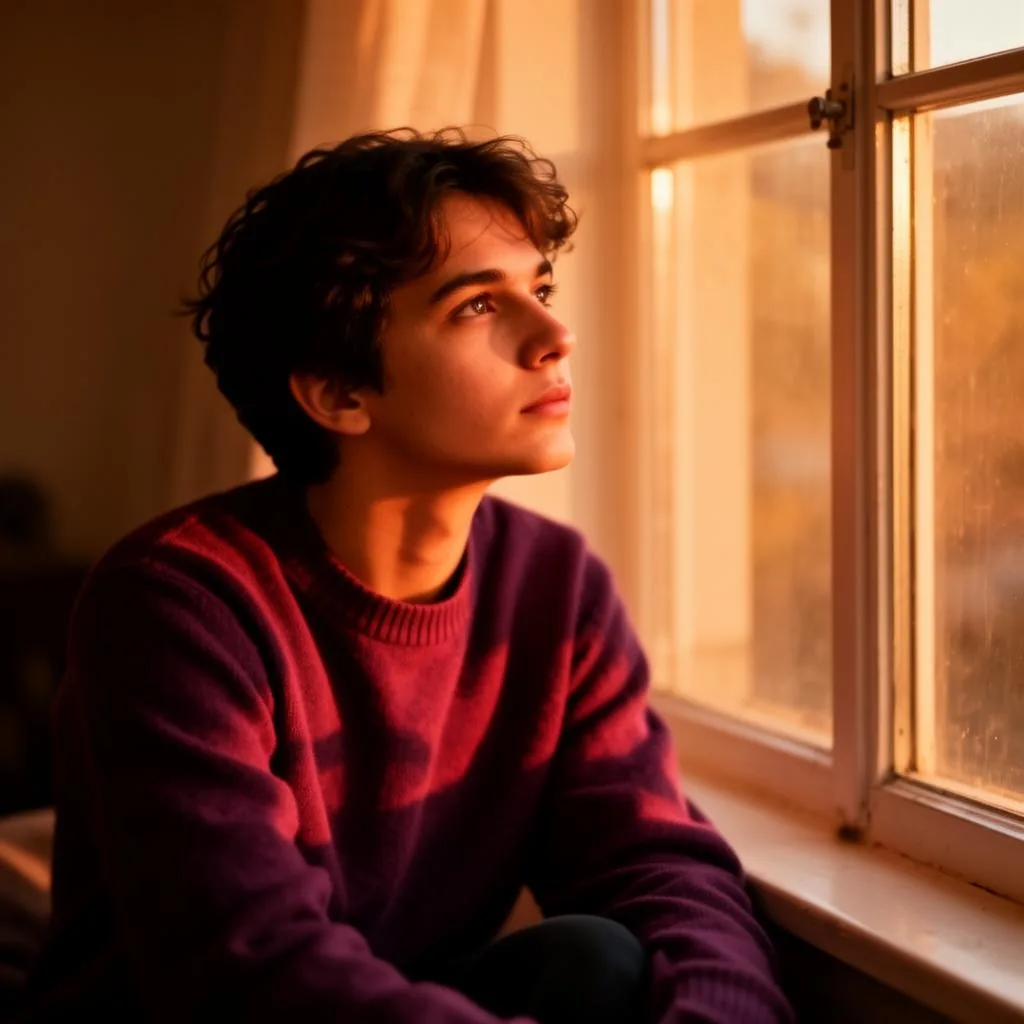 A young adult sitting by a sunlit window, looking ahead with quiet hope